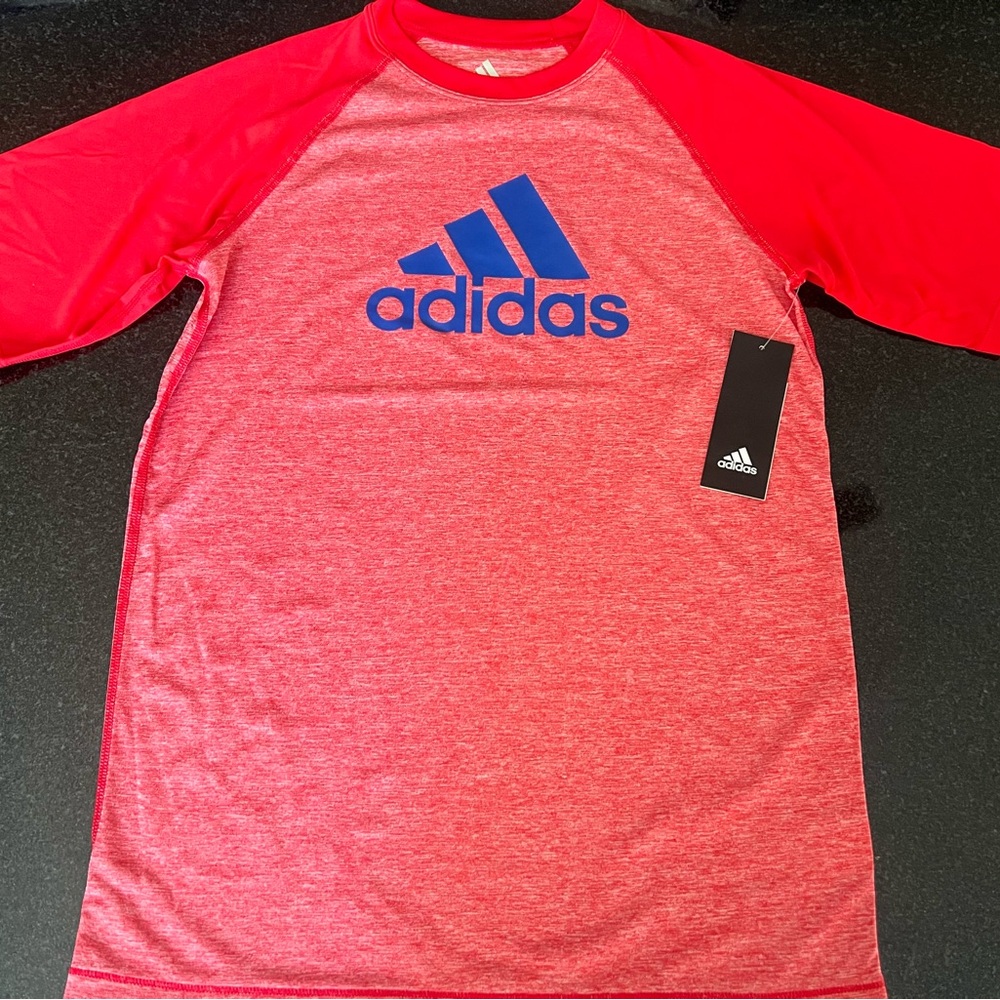 Adidas Heather Red Raglan Rashguard with Blue Logo